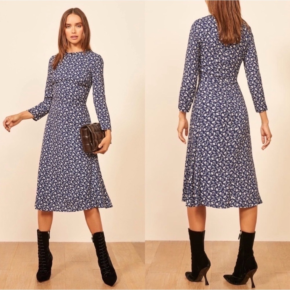 REFORMATION | Blue floral tea length 3/4 sleeve dress | Sz 8